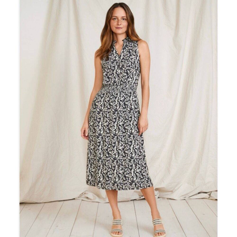 Garnet Hill Womens Size XS Ambrose Crêpe Dress Black, Grey and White Floral Midi